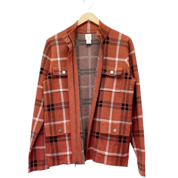 Joie Plaid Shacket Soft Knit Full Zip Sweater Jacket Rust Black White Size Large - Picture 3 of 13